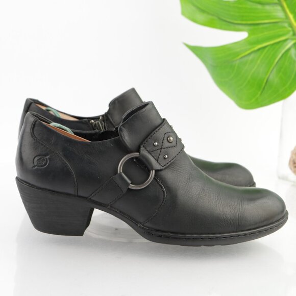 Born Womens Lorlei Boot Size 8 Black Leather Low Block Heel Harness Western Moto - Picture 8 of 12